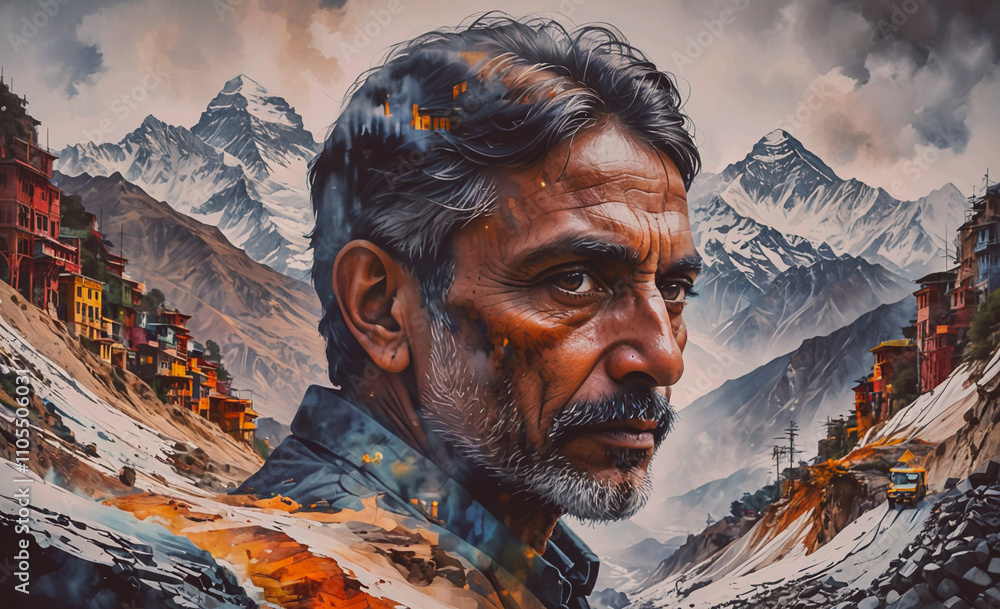 Poster Man with a beard and gray hair is in the center of the image. He is looking at the camera