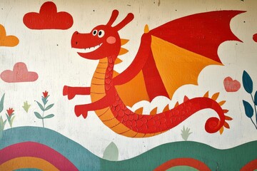 A cheerful red dragon flies above rainbow hills