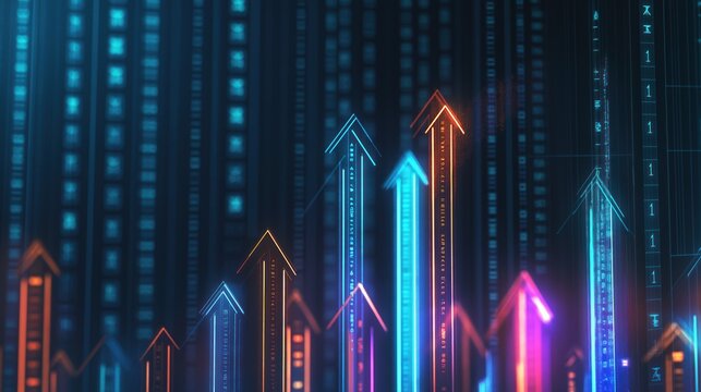Trendy fintech illustration shows rising arrows. Digital upward chart suggests economic growth. Abstract visual represents successful stock market. Image evokes concepts of financial increase,