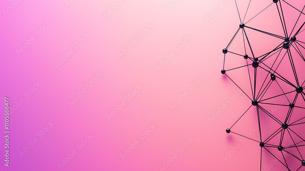 Poster black web structure is connected to black spheres on a light pink background. the web is only on the