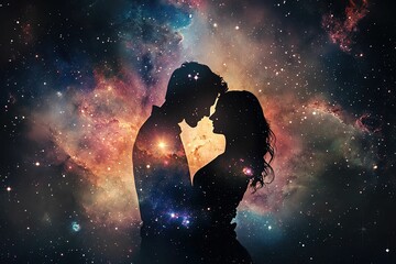 Obraz premium A romantic couple's profile silhouettes blending into a radiant galaxy with stars and nebulae in a double exposure style Couple in love silhouette against cosmic backdrop