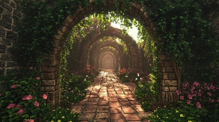 Sunlit stone archway path through lush garden.