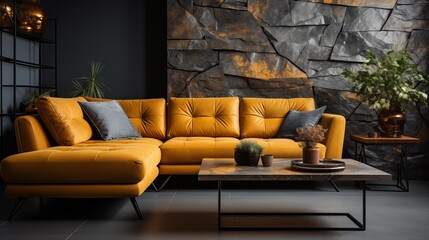 A modern living room featuring a mustard luxury sofa against chic stone textured walls. The perfect mix of sophistication and comfort.