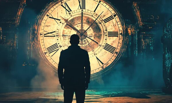 A silhouetted figure stands before a large, illuminated clock in a dark, atmospheric setting.