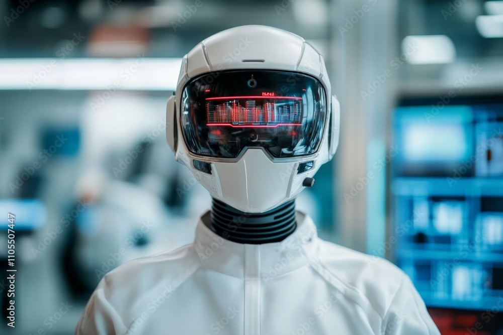 Poster a futuristic robot, designed with sleek aesthetics and advanced technology, stands in a high-tech fa