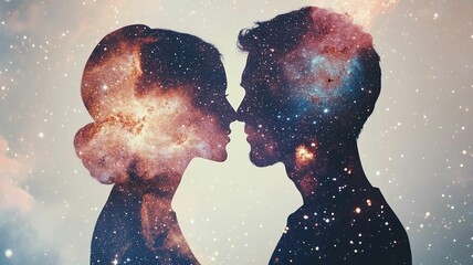 A romantic couple's profile silhouettes blending into a radiant galaxy with stars and nebulae in a double exposure style Cosmic love in a dreamy galaxy silhouette.