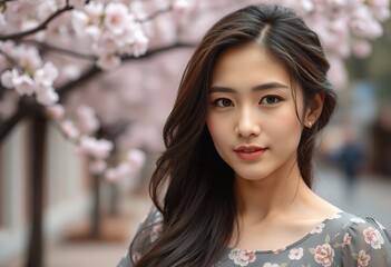 Beautiful Asian Woman Spring Blossom Portrait Pretty Girl Cherry Flowers Background