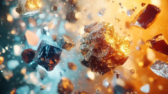  metallic ores like gold, aluminum, and copper, crystalline structures for lithium, and glowing coal pieces, all hovering over a gradient metallic background with a futuristic vibe
