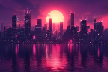 Obraz premium Neon City Skyline at Sunset with Reflective Water and Vibrant Colors