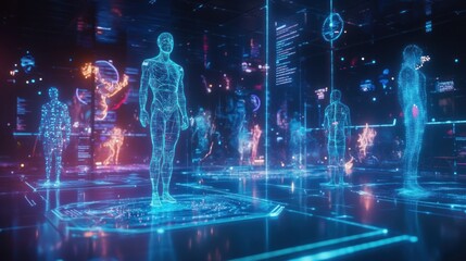 Futuristic medical data visualization showing holographic human body scans and digital information.