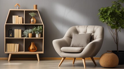 A cozy Scandinavian living room with a gray armchair, open shelf, and beige walls. Parquet flooring adds a warm, inviting feel.