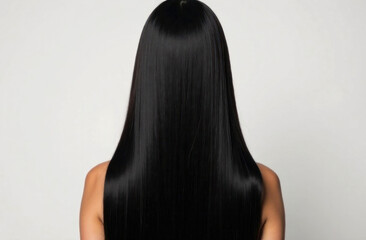 A person with long, straight black hair stands with their back to the viewer, showcasing hair length and shine