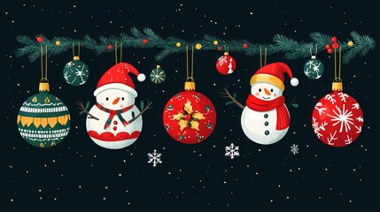 Christmas ornaments set on dark background. Winter illustration with Christmas balls, fir elements, candy cane, snowman, elves, snowflakes. 