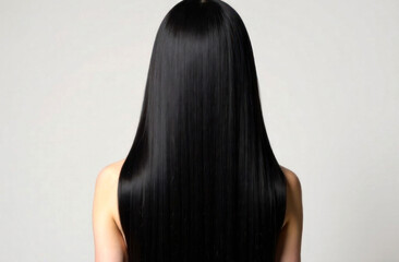 A woman stands with her back to the viewer, showcasing her long, straight, glossy black hair in a studio