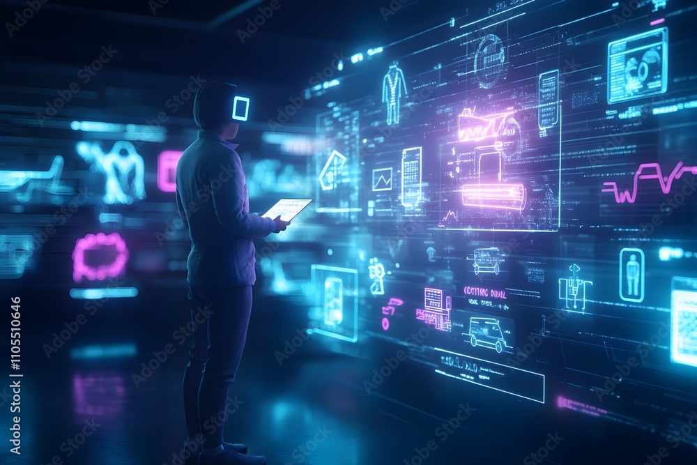 Aufkleber a futuristic image depicting a person browsing through holographic product displays in a virtual rea