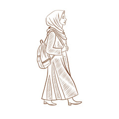 Vector Arabic woman student female with book walking line art illustration, graphic line studying learning process. Education concept. Great for any designs, textile, art, walls, package
