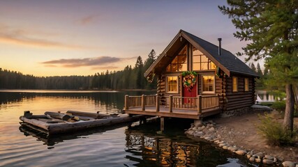 Fototapeta premium AI GENERATE, Christmas decor on a wooden cabin by a serene lake at sunset