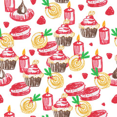 Seamless pattern with Christmas food on white isolated background hand drawn with wax crayons. New Year elements with oil pastels.