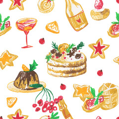 Seamless pattern with Christmas food on white isolated background hand drawn with wax crayons. New Year elements with oil pastels.