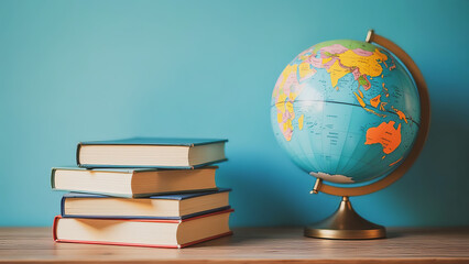 Stack of books on table and globe against blue wall. International Day of Education concept, copy space. World Book Day.