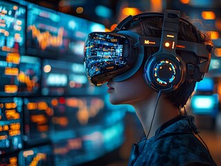 Businessperson Viewing Futuristic Virtual Reality Market Dashboard
