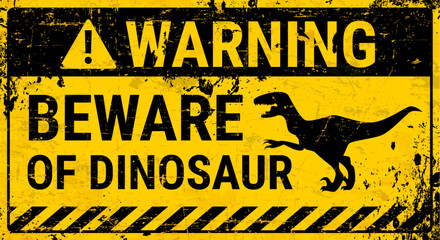 Dinosaur warning grunge metal sign board with vector silhouette of velociraptor, caution yellow tape and triangle symbol. Beware of dinosaur warning banner or sticker with roaring dino animal © Vector Tradition