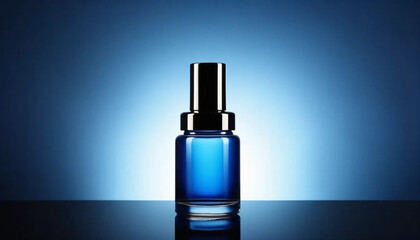 Blue cosmetic bottle on blue background, ai