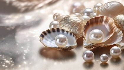 natural pearls and oyster shells with shimmering luster on a soft pearl background