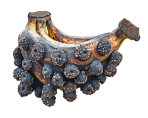 Unusual bananas with abnormal growths against a white isolate background.