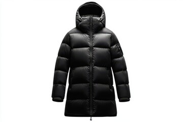 Black men's long puffer jacket with hood and sleek design isolated on white background, perfect for winter branding