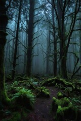 Night atmosphere in the forest with thick fog