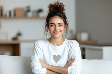 Obraz premium A woman with a casual bun hairstyle, wearing a heart print sweater, sits comfortably in a cozy room, exuding self-contentment and relaxed confidence.