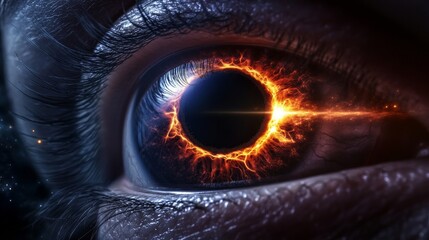 Close-Up of Human Eye with Fiery Eclipse Reflection and Detailed Texture