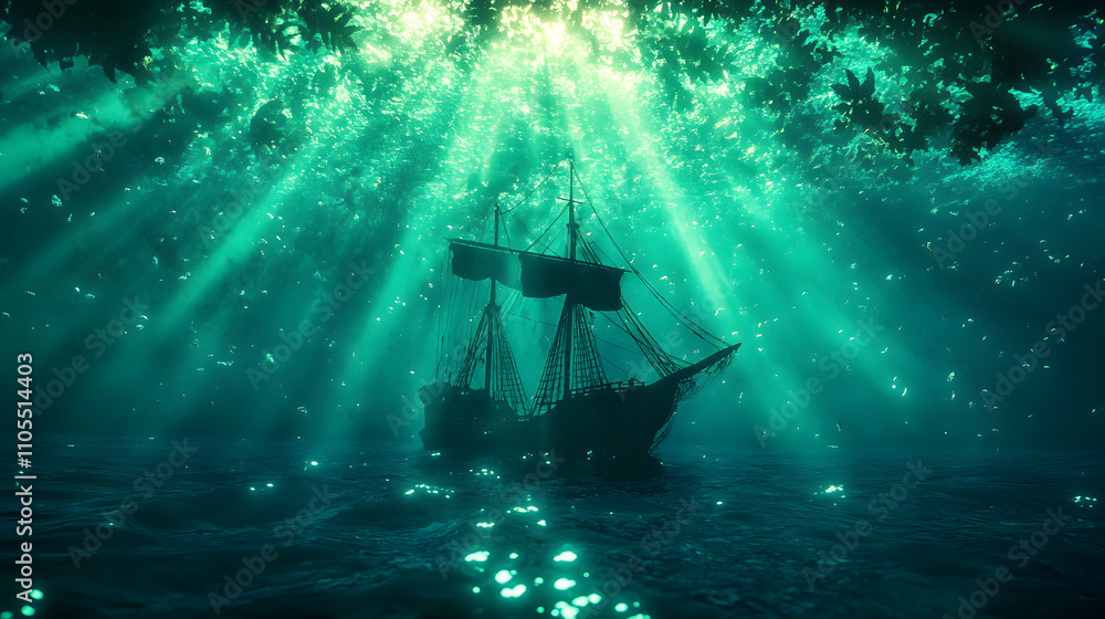 Poster a mysterious ship sails through shimmering underwater rays of light, surrounded by an enchanting, de