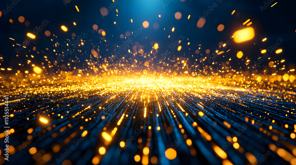 Poster a vibrant, abstract scene showcasing golden particles radiating against a deep blue background, crea