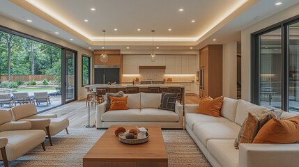 Fototapeta premium A modern minimalist home interior design with clean lines, sleek furniture, and neutral color palette, featuring an open-concept living space connected to a spacious kitchen, bathed in natural light 