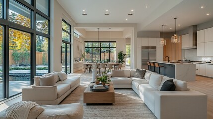 Fototapeta premium A modern minimalist home interior design with clean lines, sleek furniture, and neutral color palette, featuring an open-concept living space connected to a spacious kitchen, bathed in natural light 