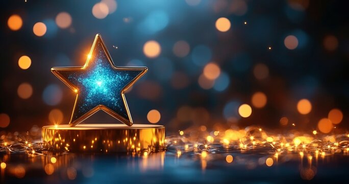 Glowing Blue Star Award On Golden Pedestal