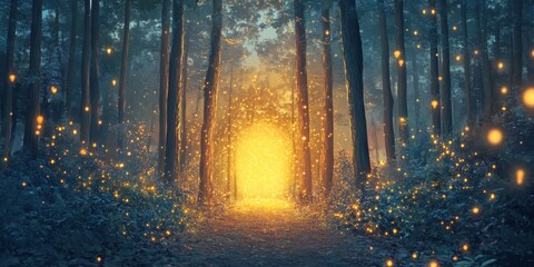 Obraz premium Enchanted Forest Path Glowing Portal Firefly Magic Mystical Nature Scene