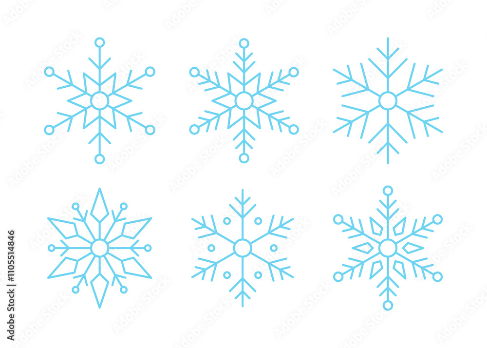 Poster set of snowflake simple line icons for winter season. design elements symbolizing snow, snowflakes, 