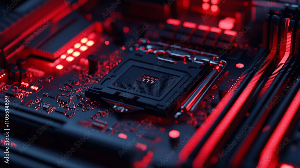 Poster close-up view of a circuit board illuminating in red light displaying advanced technology details