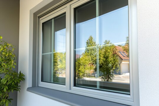 Modern double-pane window with reflection of suburban area