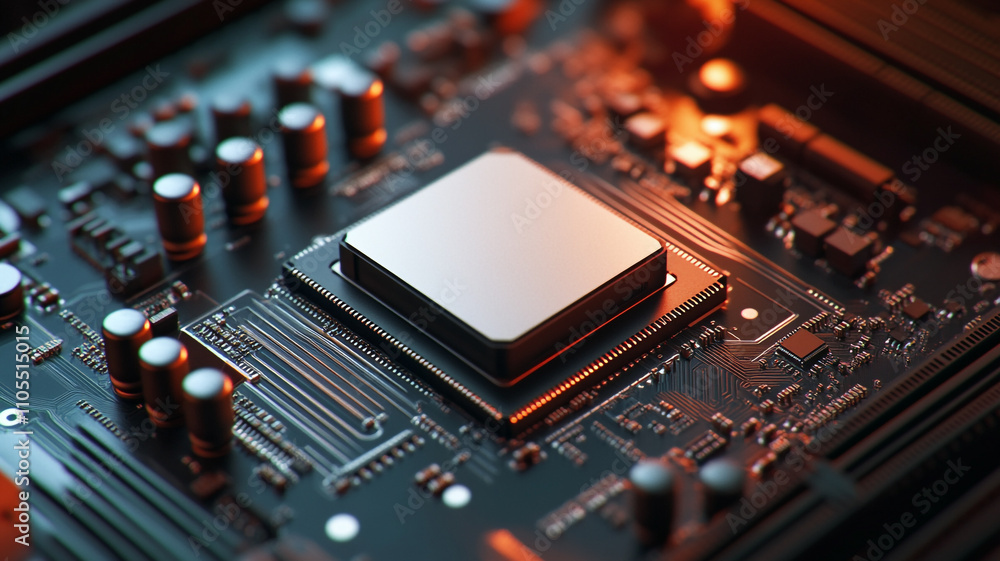 Poster close-up view of a microprocessor on a computer motherboard in a modern setting