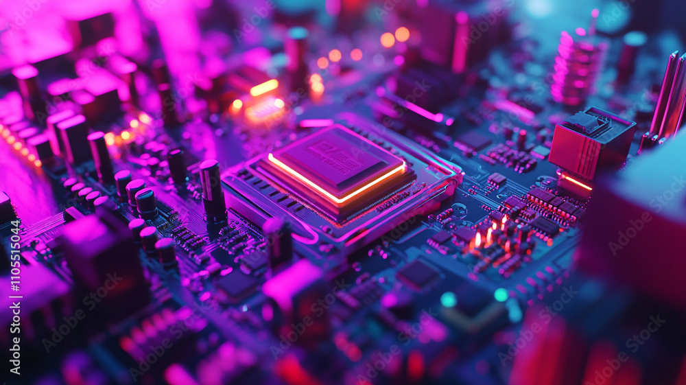 Poster colorful close-up of a computer motherboard with glowing components in a dark setting