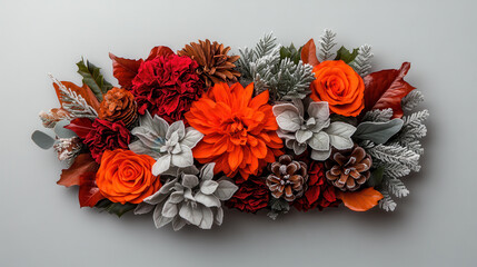 Sophisticated floral arrangement featuring vibrant orange, red, and gray flowers, complemented by pinecones and greenery, perfect for modern holiday decor