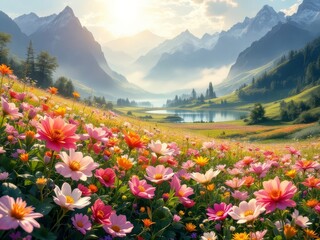 Obraz premium Alpine blooms painted the peak.