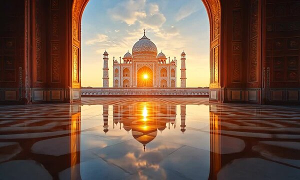Sunset view of the Taj Mahal reflecting in a serene pool.