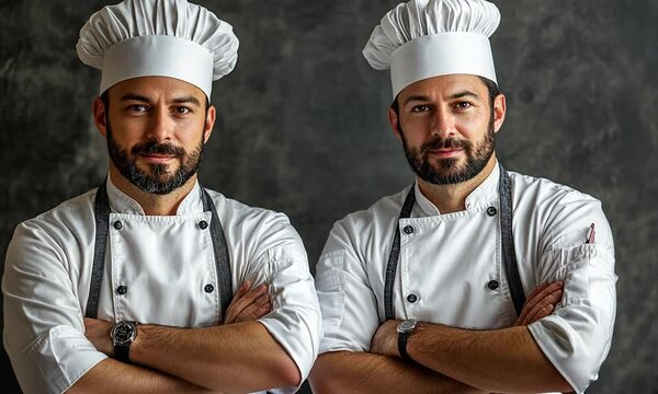 Two chefs in white uniforms pose confidently with arms crossed.