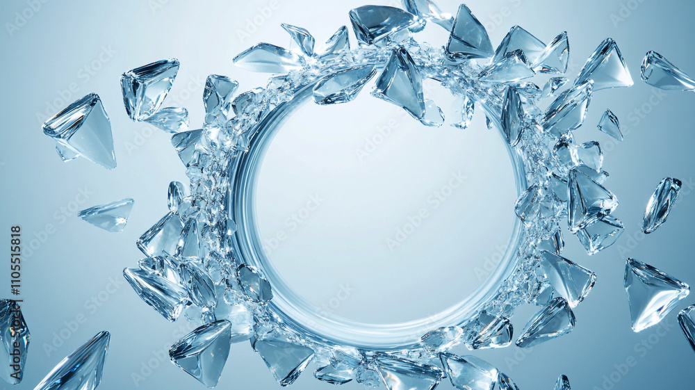 Poster shattered ice crystals creating a circular frame with a soft blue background