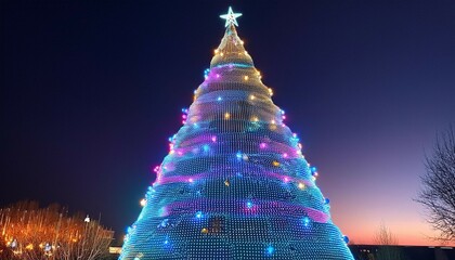 a creative christmas tree with neon glow beautifully illuminated decorated with bright lights and elegantly crowned with a joyful beginning